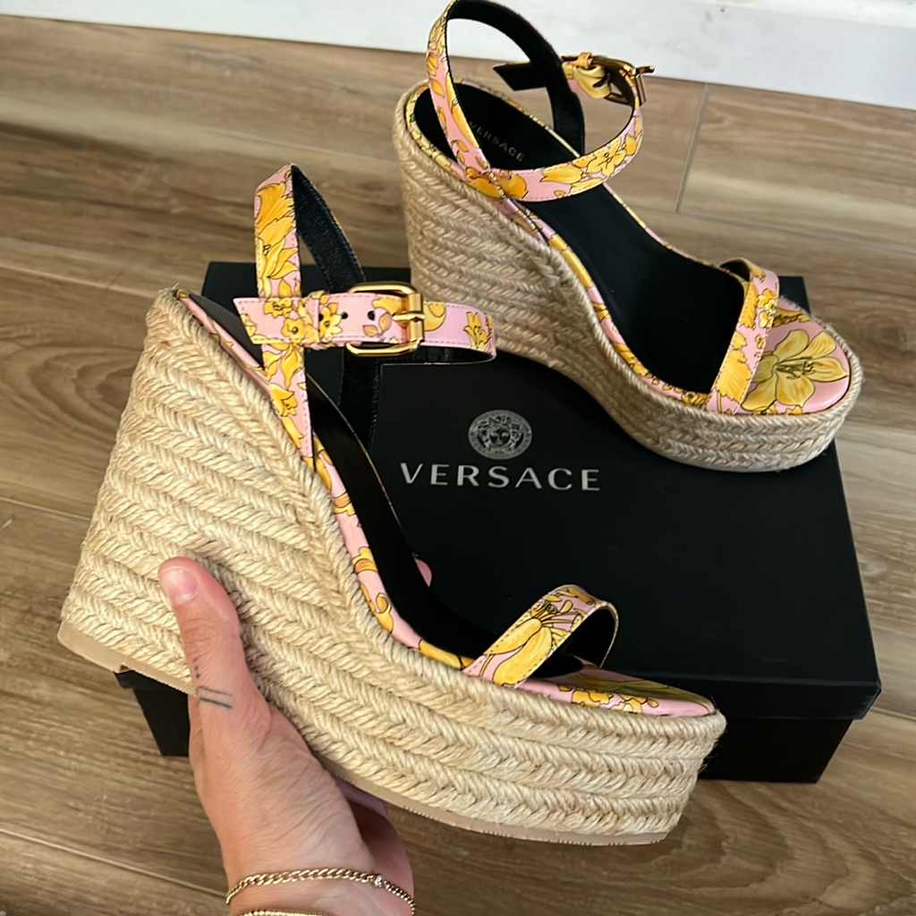Versace St. Barocco Floral Tapestry Wedge Sandal